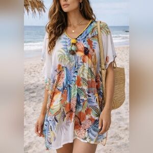 Violet Sky Tropical Kaftan Tunic Parrot Floral Boho Beach Cover Up Pom Pom